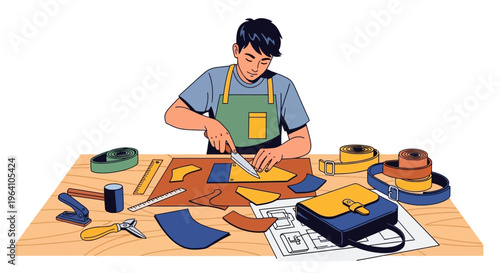 Young man crafting a leather bag with precision tools.
