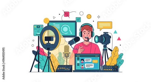 Young man creating content with professional vlogging equipment.