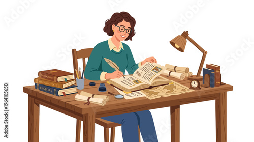 Woman writing with quill pen at desk with books and lamp.