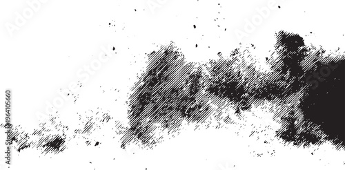 Black ink splatter texture with diagonal etched line pattern on white background