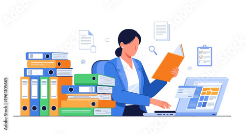 Woman working with laptop and books surrounded by files.