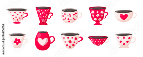 Vibrant set of coffee and tea cups with flowers and hearts. Colourful mugs.Decorative elements for kitchen decorations, beverage illustrations, cafe and cofee shops posters. Vector illustration