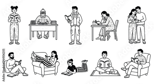 People reading books in various cozy indoor and outdoor settings illustration.