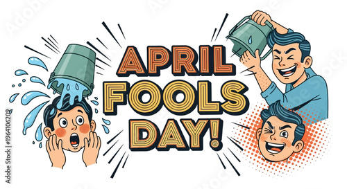 Illustration of two men playing an April Fools' Day prank with water, conveying humor and jokes concept against a clean white background.