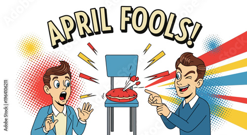 Vector illustration of two men playing an april fools prank with a fake pie on a chair, conveying a funny and humorous concept with colorful design elements.