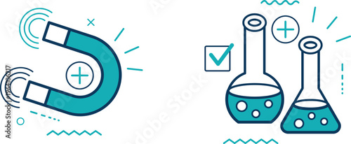 Magnet and chemical flasks symbolizing science and technology integration