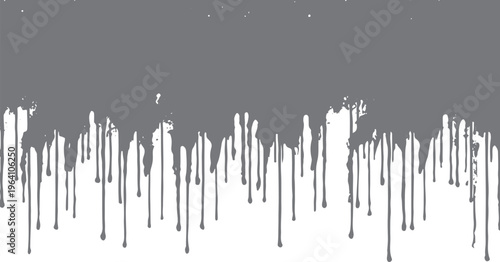 Grey paint drips flowing down on a solid white background surface