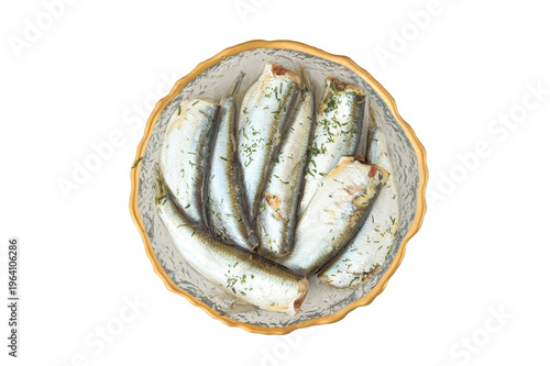 Source of omega. Sprat in oil in a transparent plate isolated on a white background. Top view.