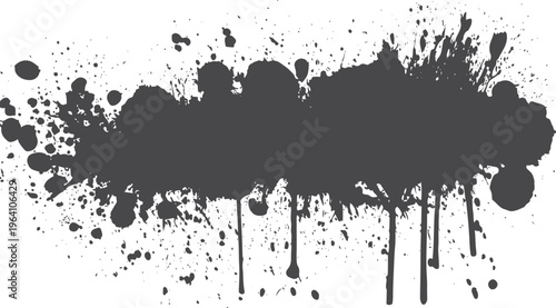 Large dark grey ink splatter with paint drips and rough spray texture on white background