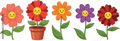 Cute Smiling Cartoon Flowers Vector Illustration Set with Colorful Spring Flowers, Potted Plant and Happy Floral Characters Clipart Collection
