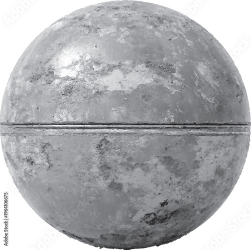 Weathered grey concrete sphere with horizontal seam isolated on white