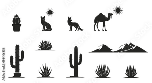 Desert landscape icons with cacti and animals.