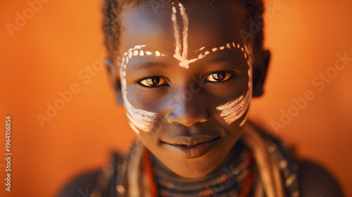 Young Sudanese boy’s portrait smiles warmly showcasing tribal clothing and painted face against a blurred orange background