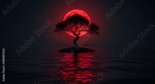 A lone tree on an island under a red moonlit sky