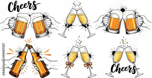 Cheers Celebration Set Featuring Hands Toasting with Beer Mugs Champagne Glasses and Bottles in Retro Hand Drawn Vector Style Illustration