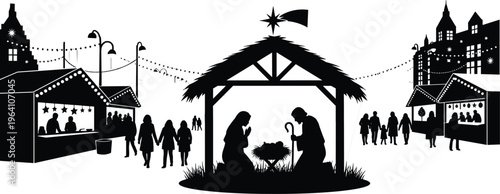 Christmas Nativity Scene Silhouette with Holy Family in Stable Surrounded by a Festive Winter Market and Town Buildings Vector Illustration