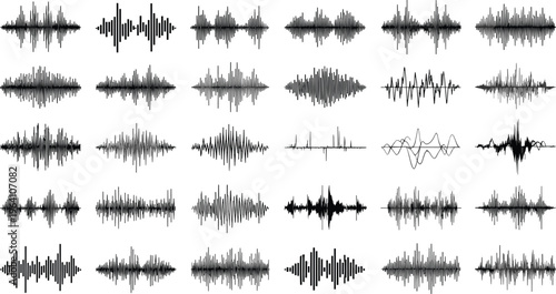 Collection of Diverse Audio Waveform Graphic Elements with Digital Sound Frequency Bars and Music Signal Equalizer Icons Set Isolated on Black