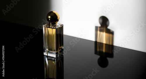 Elegant perfume bottle with golden details and reflection on a glossy surface
