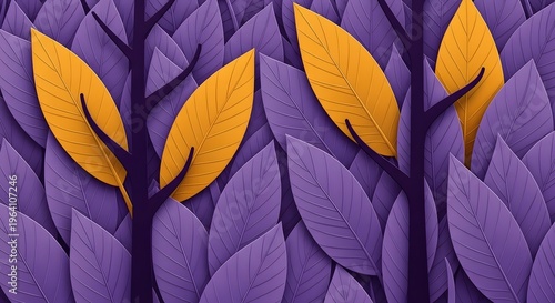 Abstract colorful leaf pattern with purple and yellow tones