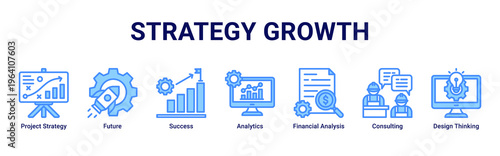 Strategy Growth web banner icon vector illustration with icons of Project Strategy,Future,Success,Analytics,Financial Analysis,Consulting and Design Thinking