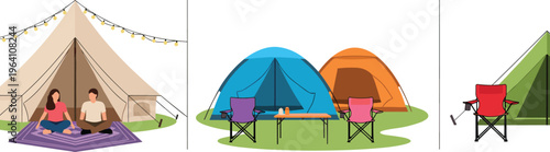 Camping Scene Vector Illustration Set with Tents, Camp Chairs, Outdoor Table, Campfire Lights and People Relaxing in Nature Adventure Trip