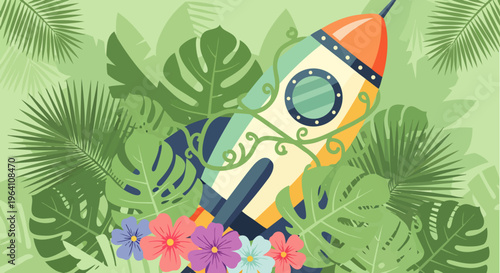 rocket jungle tropical a colorful spaceship overgrown with green leaves and wild flowers symbolizing natures embrace of space exploration.