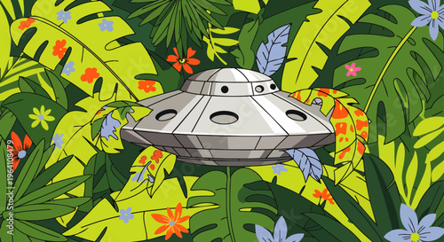 ufo flying saucer hidden in vibrant green jungle foliage with tropical plants and colorful flowers cartoon style