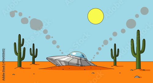 crashed ufo spaceship resting in a barren desert landscape with saguaro cacti under a blue sky a cartoon illustration.