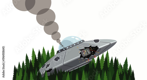crashed ufo spaceship smoking in a dense forest an alien technology accident creating a mysterious science fiction wreckage.