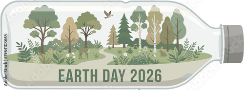 A miniature forest landscape is encapsulated within a clear glass bottle promoting earth day high quality