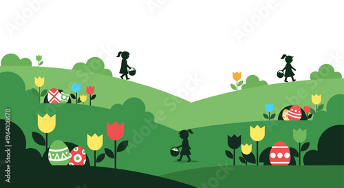modern flat design easter egg hunt with children searching for colorful eggs among spring tulips on green hills.