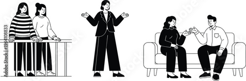 People Communication and Interaction Vector Illustration Set with Business Meeting, Conversation, Discussion, Teamwork, Office Talk and Social Interaction Line Art Characters