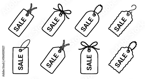 Collection of Hand-Drawn Sale Tags with Different Bows and Strings, Ideal for Retail Promotions and Marketing