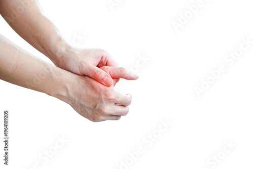 Man holding painful hand from using mouse,Office syndrome hand pain by occupational disease. Health concept, isolated on white background.