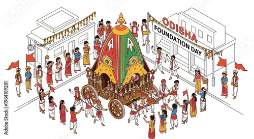 Illustration of a vibrant Odisha Foundation Day celebration with a colorful chariot and people in traditional attire gathered around, against a clean white background.