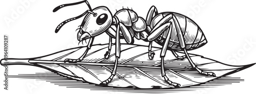 Detailed ant illustration on leaf, macro insect close-up, science and nature.