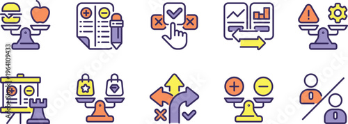 Collection of icons representing various decision-making and balance concepts