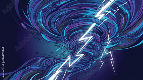 Powerful tornado swirl with lightning strikes in dark blue sky, dangerous natural disaster abstract vector illustration.
