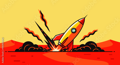 a vibrant rocket launching from a red desert-like planet symbolizing startup success and new business ventures