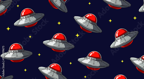 cartoon ufo seamless pattern with flying saucers and yellow stars on a dark blue space background ideal for kids products and sci-fi themes.