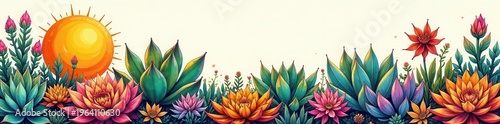Intricate hand-drawn succulents & sunbursts, earthy tones , earth tone, textile design