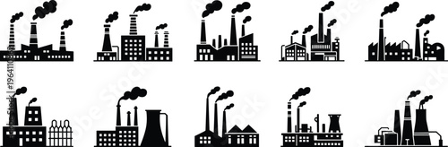 Industrial factory silhouette icons set with chimneys, smoke stacks, power plants, manufacturing buildings and pollution elements for industry and energy concepts
