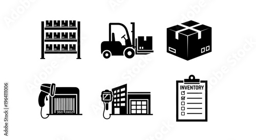 Warehouse Logistics Icons: Forklift, Boxes, Shelves, Scanner, Building, Inventory List