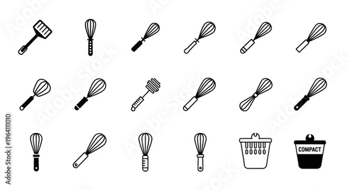 Collection of Kitchen Utensils: Whisks, Spatula, and Baskets - Vector Icons