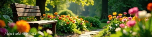 Lush spring garden; wooden bench bathed in sunlight, colorful blooms abound , spring garden,  colorful