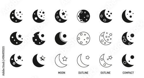 Moon Phases Icons Set: Celestial Body Icons, Night Sky Symbols, Astronomical Illustrations