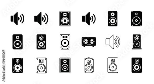 Collection of Speaker Icons, Audio Equipment Symbols, Sound System Vector Graphics
