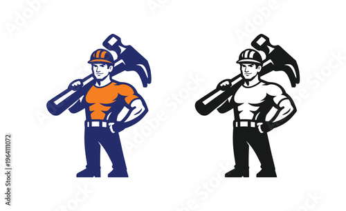 A worker with a helmet with a hammer mascot vector logo illustration