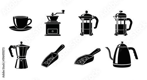 Coffee Making Icons: Cup, Grinder, French Press, Moka Pot, Kettle, Scoops