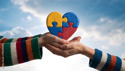 Two Hands Holding a Heart Shaped Puzzle with Blue, Yellow and Red Pieces for Autism Awareness